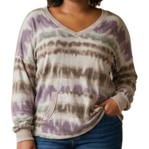 White Birch  Vneck Sweater Womens Size M Striped Tie Dye Lightweight Soft